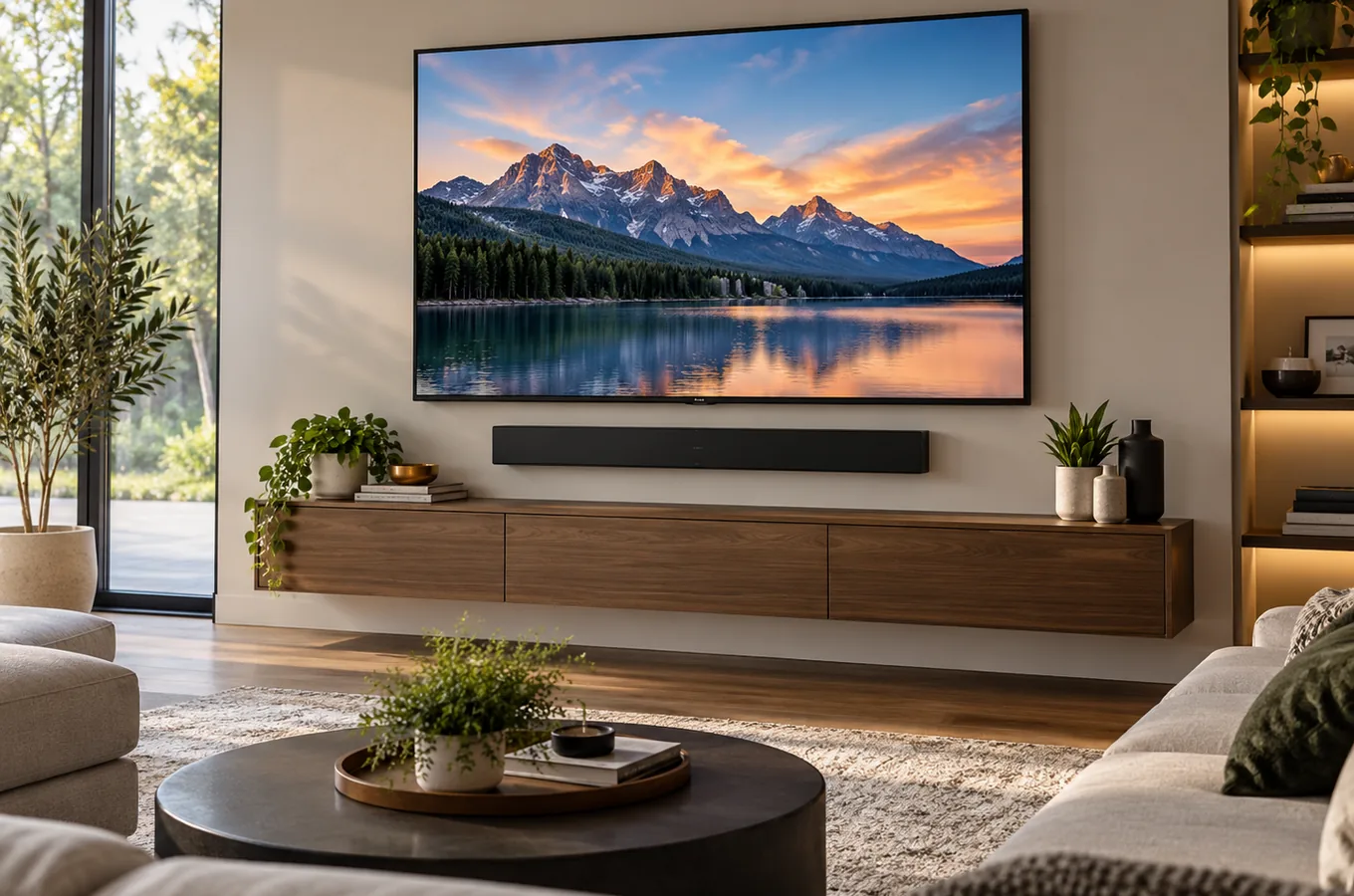 Wall-mounted TV and neatly integrated soundbar